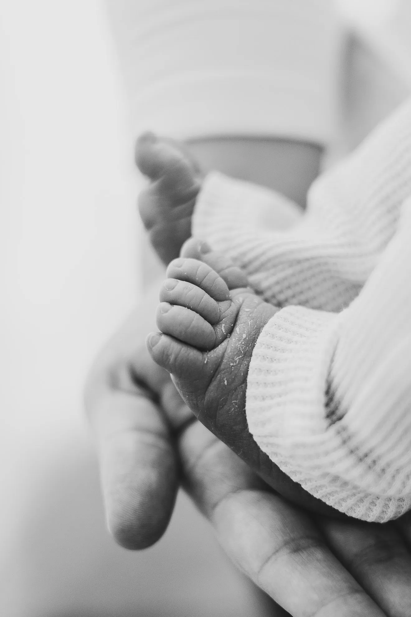 Die Schwarz-Weiss-Aufnahme von Katja Stumbeck zeig die nackten kleinen Füße von einem neugeborenen Baby, das in einer männlich aussehenden Hand gehalten wird